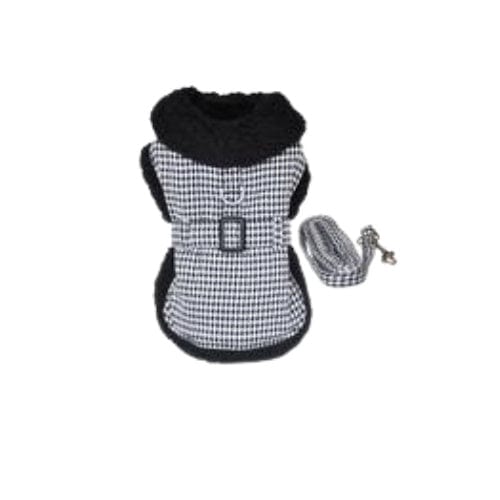 Black and White Classic Hounds Tooth Dog Harness Coat with Leash X-Small to 2X-Large