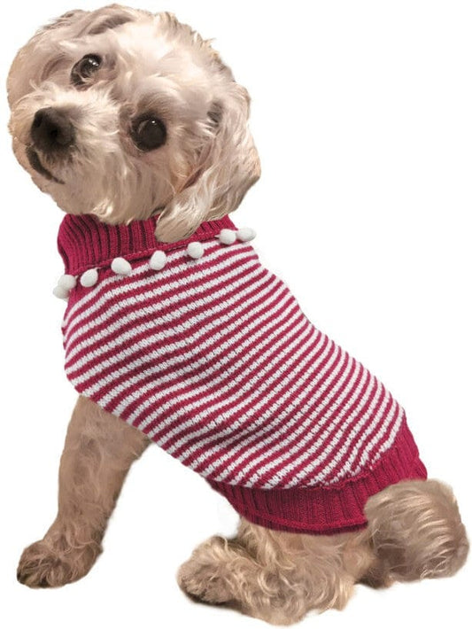 Fashion Pet Pom Pom Stripe Dog Sweater Raspberry Media 1 of 2
